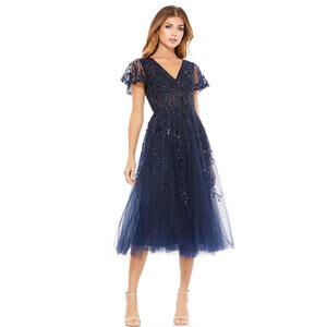 New Mac Duggal EMBELLISHED FLUTTER SLEEVE TEA-LENGTH DRESS In Midnight Sz 6 $598